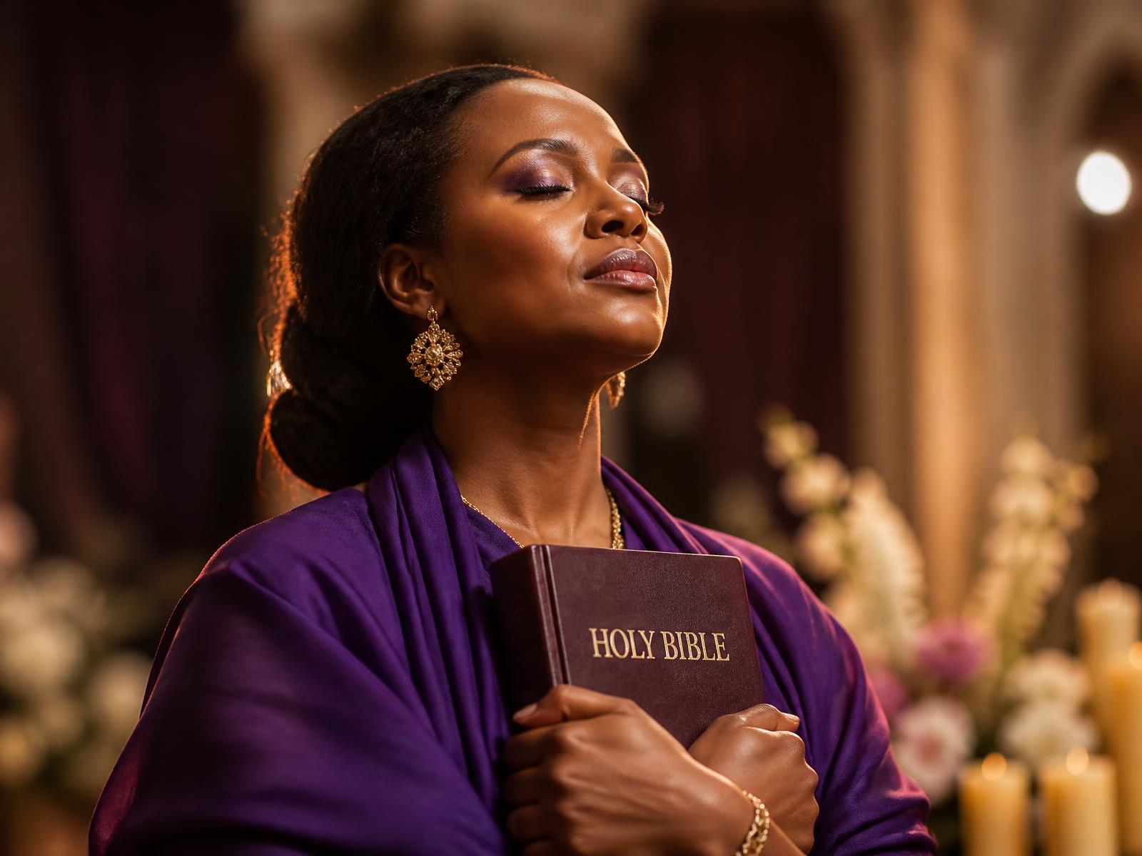 A woman in prayer holding her Bible close